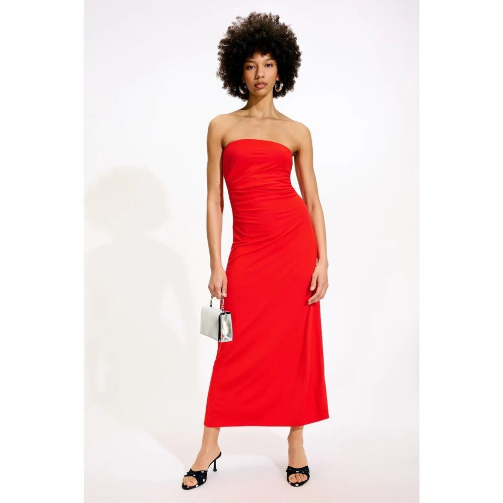 Favorite Daughter Colette Dress Strapless Side Ruched Maxi Column Red Medium